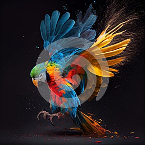 colorful parrot splashing colors on black background generative AI