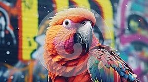A vibrant parrot posing in front of a colorful graffiti wall