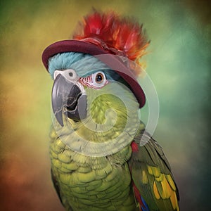 a colorful parrot wearing a red hat with feathers on it\'s head and a green and yellow feathers on it