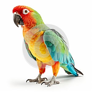 Colorful Parrot On White Background In Red And Teal Style