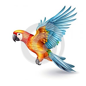 Colorful parrot with yellow, red, blue feathers starting to fly, isolated on white background