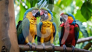 Colorful parrots bringing vibrancy to the verdant canopy with their animated chatter in the rain forest