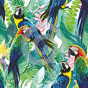 Colorful parrots and exotic flowers