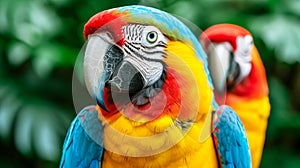 Colorful parrots on tropical nature background. Close up texture of feathers