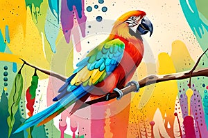 Colorful parrots with watercolor splash textured background