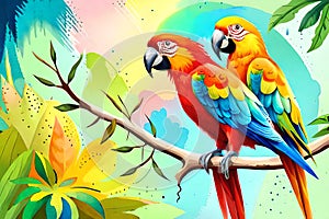Colorful parrots with watercolor splash textured background