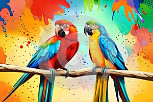 Colorful parrots with watercolor splash textured background