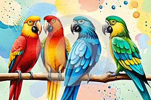 Colorful parrots with watercolor splash textured background