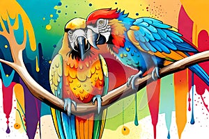 Colorful parrots with watercolor splash textured background