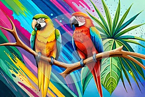 Colorful parrots with watercolor splash textured background