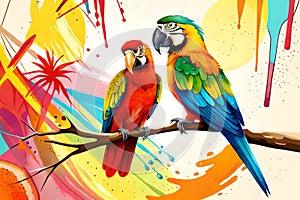 Colorful parrots with watercolor splash textured background