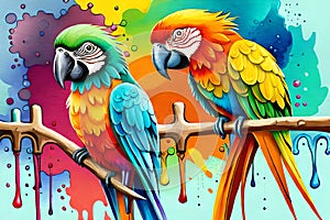 Colorful parrots with watercolor splash textured background