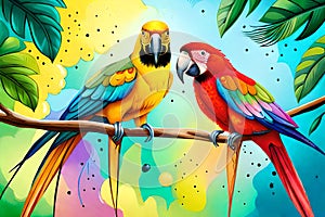 Colorful parrots with watercolor splash textured background