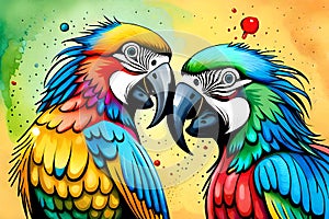 Colorful parrots with watercolor splash textured background