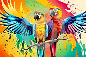 Colorful parrots with watercolor splash textured background