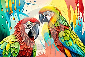 Colorful parrots with watercolor splash textured background