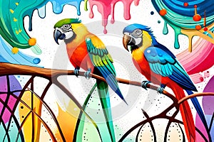 Colorful parrots with watercolor splash textured background