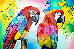 Colorful parrots with watercolor splash textured background