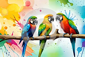 Colorful parrots with watercolor splash textured background