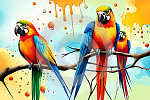 Colorful parrots with watercolor splash textured background