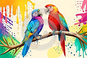 Colorful parrots with watercolor splash textured background