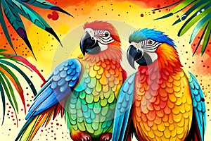 Colorful parrots with watercolor splash textured background