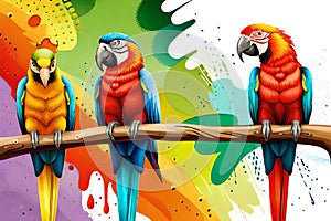 Colorful parrots with watercolor splash textured background