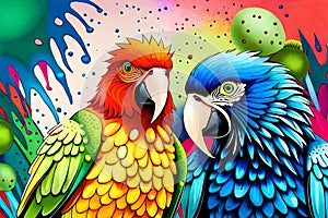 Colorful parrots with watercolor splash textured background