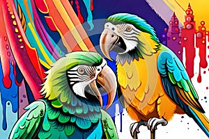 Colorful parrots with watercolor splash textured background