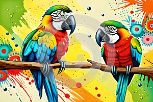 Colorful parrots with watercolor splash textured background