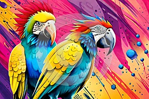 Colorful parrots with watercolor splash textured background