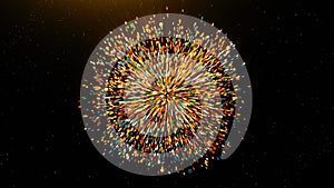 Colorful particles disappear in center of space. Motion. Temporary disappearance of colorful particles in explosion