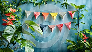 Colorful Party Banners with Tropical Foliage on Blue Textured Background Festive Decoration