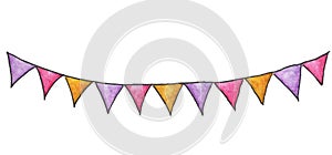 Colorful party bunting flag watercolor drawing isolated on white background.
