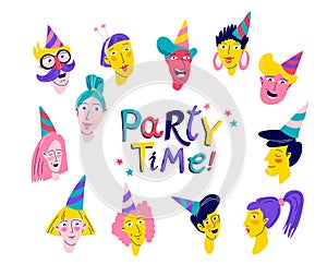 Colorful Party Faces set. Vibrant Cartoon Collage in Pop Art Style.