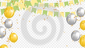 colorful party flags with confetti, ribbons and balloon falling on transparent background for celebration and birthday. Brazil