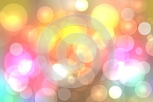 Colorful party invitation background. Abstract pastel yellow pink texture with blurred bokeh lights and soft color circles.