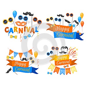 Colorful Party items on a white background. Celebration Event Happy Birthday. Inscription Happy Carnival . Multicolored. Vector