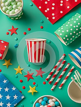 Colorful Party Supplies and Tableware on Green Background for Festive Celebrations and Birthday Decorations