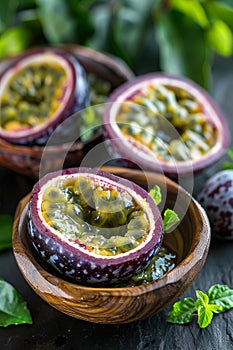 Colorful passion fruits in rustic bowls at botanical garden cafe, offering a tropical oasis ambiance