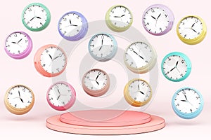 colorful pastel clock time stop watch alarm stand display podium product past present future minute hour season.
