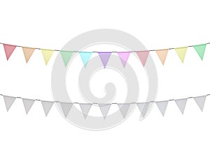 Colorful pastel colors and white bunting flags isolated on white background