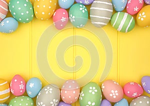 Colorful pastel Easter Egg double border against a yellow wood background