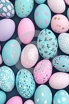 Colorful pastel easter eggs with decorative patterns on blue background