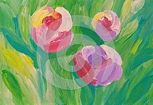 Colorful pastel flowers art, acrylic peony painting. Floral illustration, hand painted. Summer, spring background. Botanical