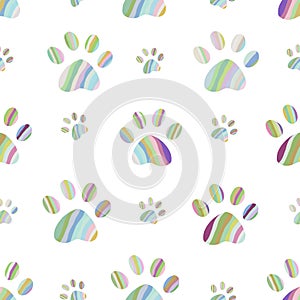 Colorful pastel paw print flowers seamless fabric design pattern