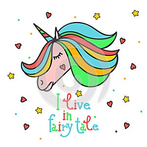 Colorful patch with unicorn, heart, star, in bright rainbow colors. Hand drawn Illustration with lettering for kid textile,