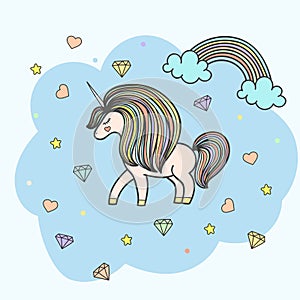 Colorful patch with unicorn, heart, star, diamond, crystal, bright rainbow. Hand drawn Illustration for kid textile, card,