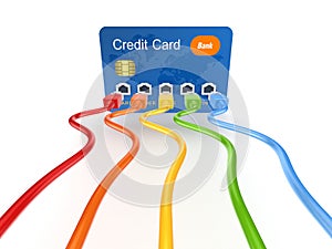 Colorful patchcords connected to credit card.