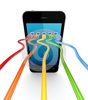 Colorful patchcords connected to mobile phone.
